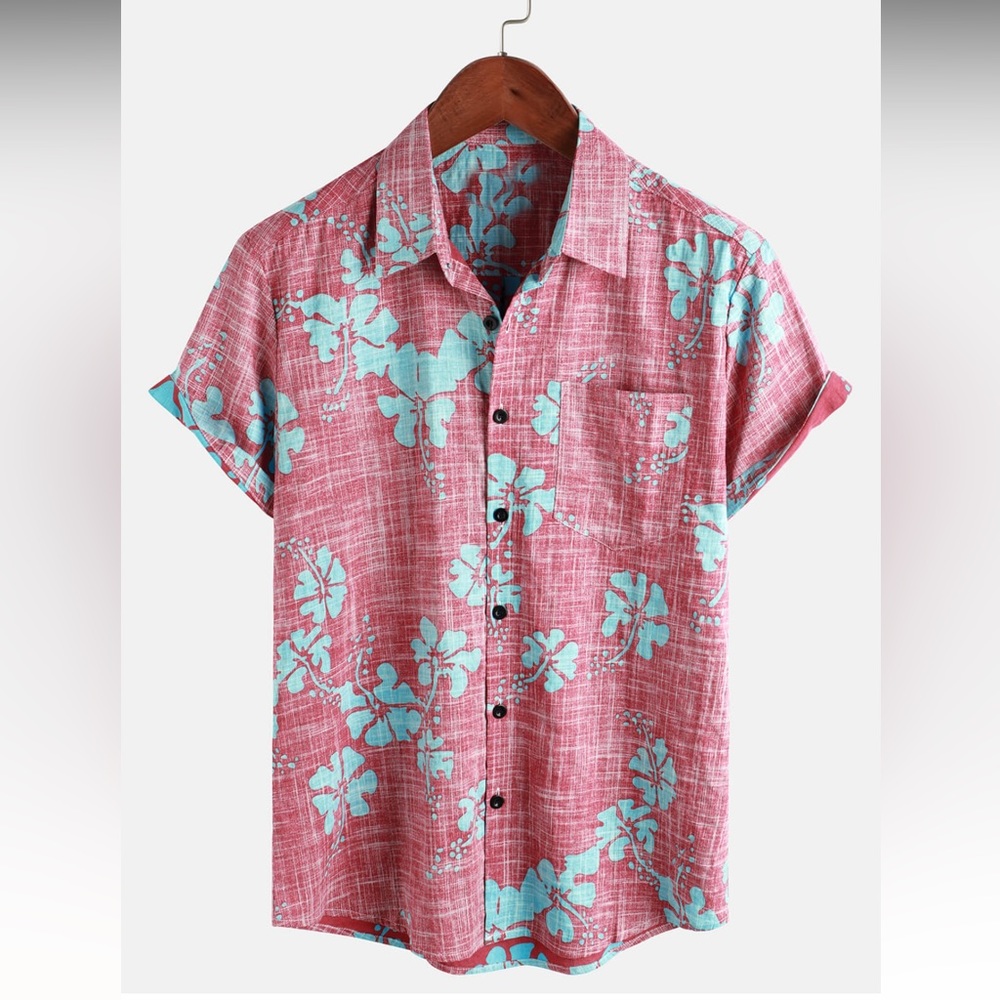 Men's Red Floral Short Sleeve Button Up Beach Tropical Hawaiian Shirt